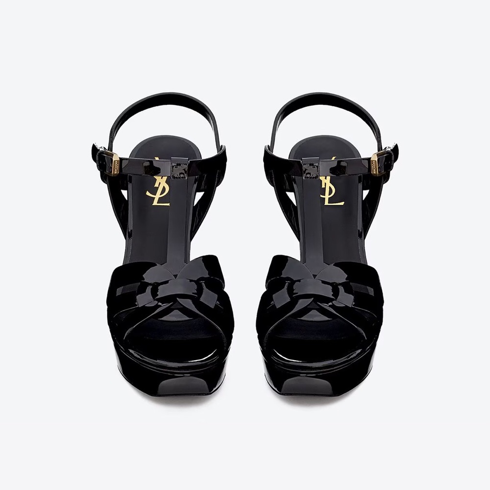 Yves Saint Laurent Tribute Platform Sandals Shiny Black Strappy Heels